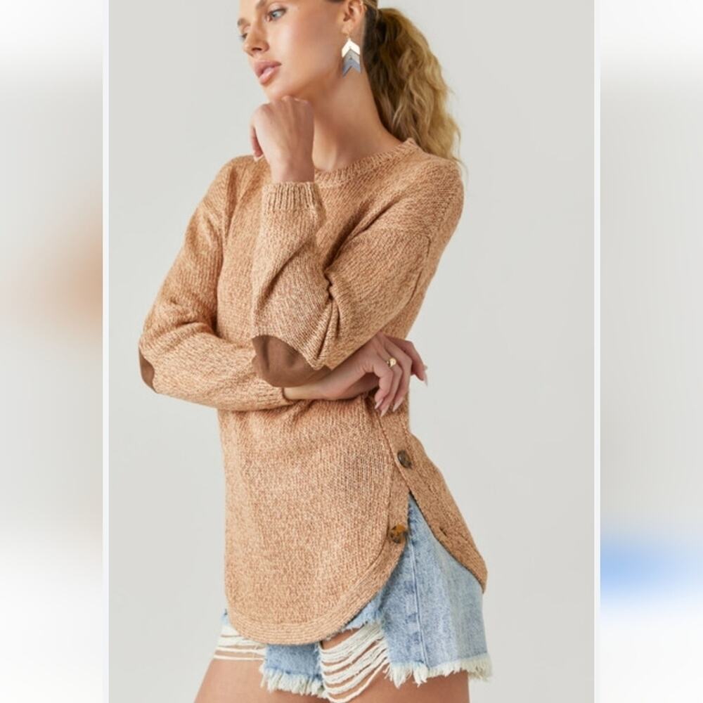 Cupcake Clothing Women's Sweater XS Tan Knit Elbow Patch Button Side Tunic #1191